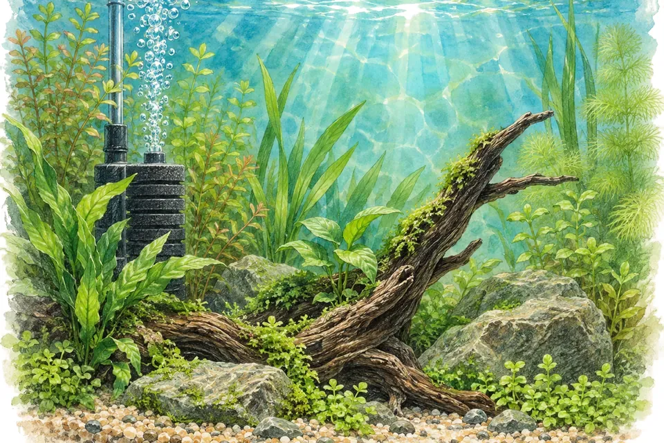 Illustration aquarelle : Préparer le cycle biologique de l’aquarium avant les poissons.