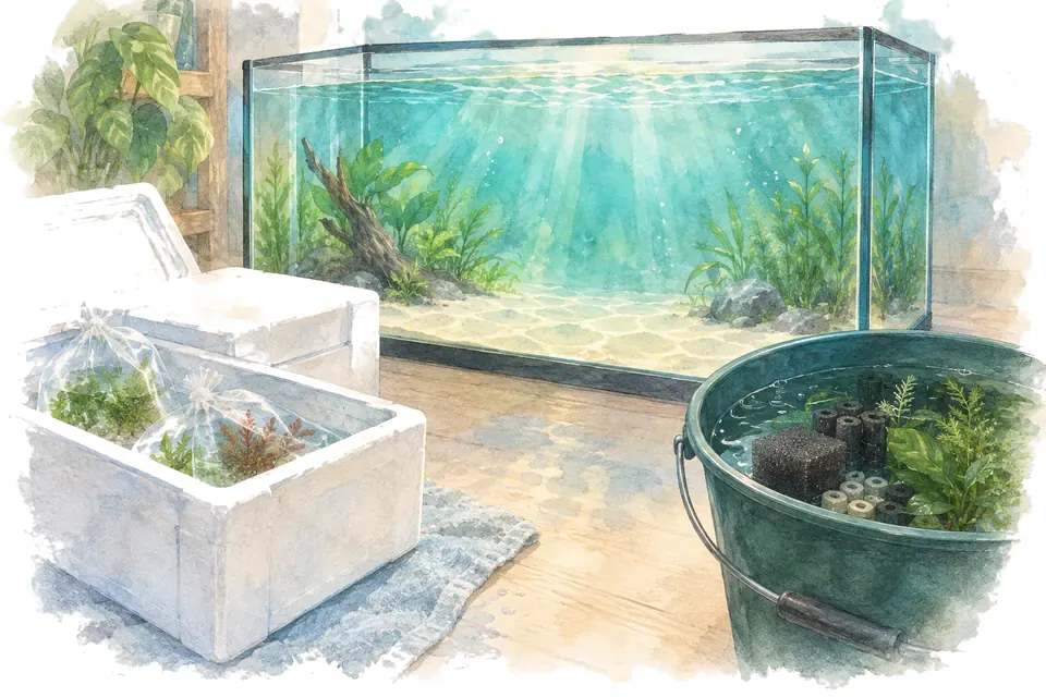 Illustration aquarelle : Déménager un aquarium sans transporter la cuve pleine.