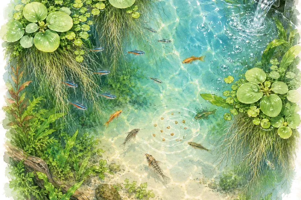Illustration aquarelle : Entretenir les plantes flottantes sans couvrir toute la surface.