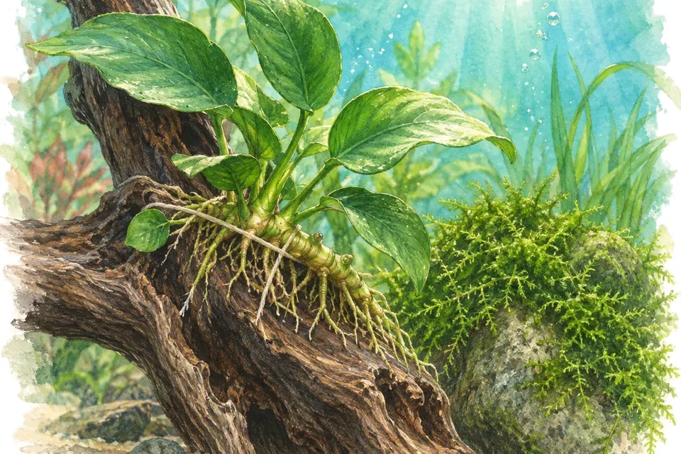 Illustration aquarelle : Fixer les plantes sur une racine ou une pierre.