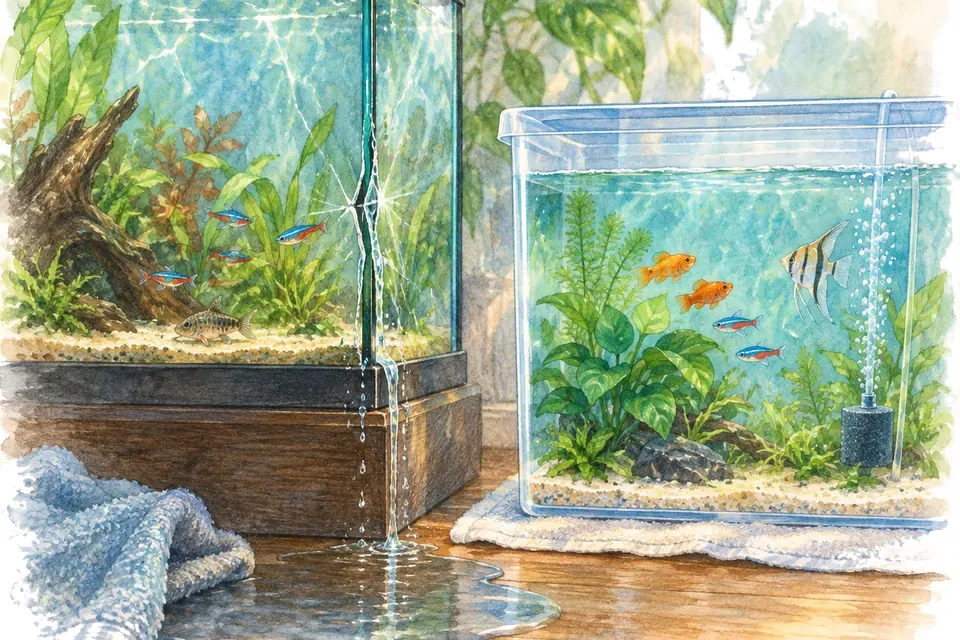 Illustration aquarelle : Faire face à une fuite de l’aquarium.