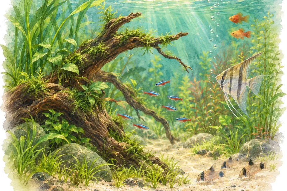 Illustration aquarelle : Gérer une eau ambrée après l’ajout d’une racine.