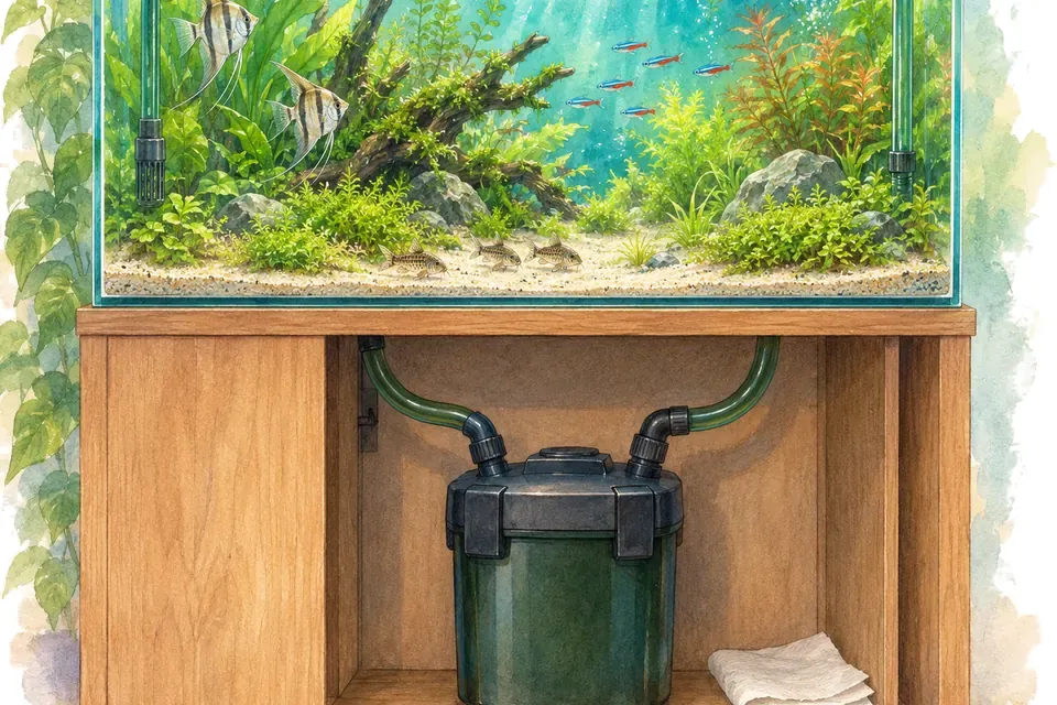 Illustration aquarelle : Installer et amorcer un filtre externe.