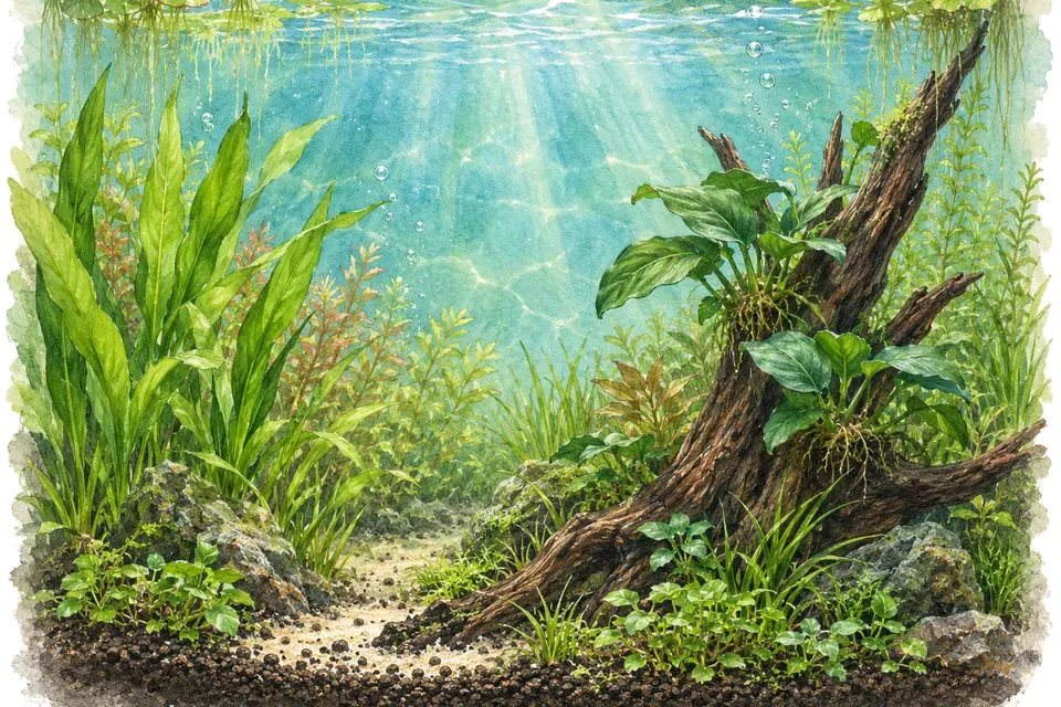 Illustration aquarelle : Installer un aquarium planté sans poissons.