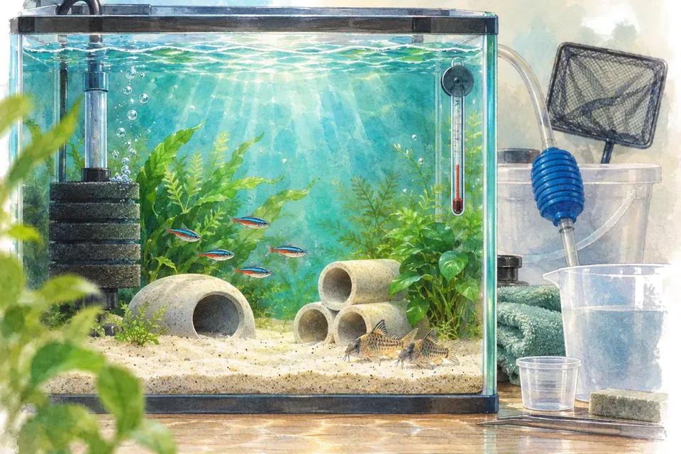 Illustration aquarelle : Installer un bac de quarantaine fonctionnel.