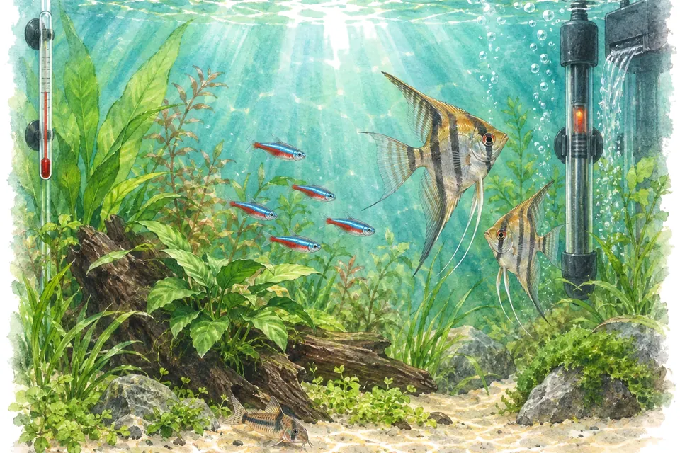 Illustration aquarelle : Installer le chauffage et contrôler la température réelle.