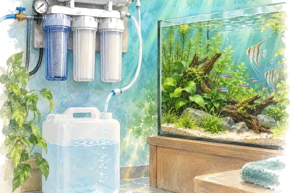 Illustration aquarelle : Installer et entretenir un osmoseur pour l’aquarium.