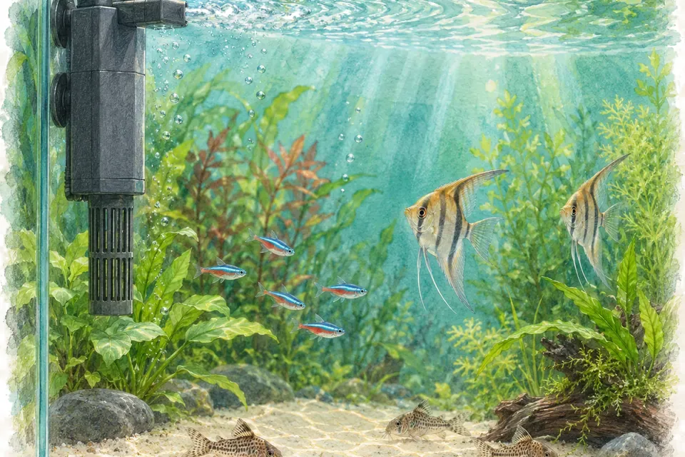 Illustration aquarelle : Installer un filtre interne et vérifier son fonctionnement.