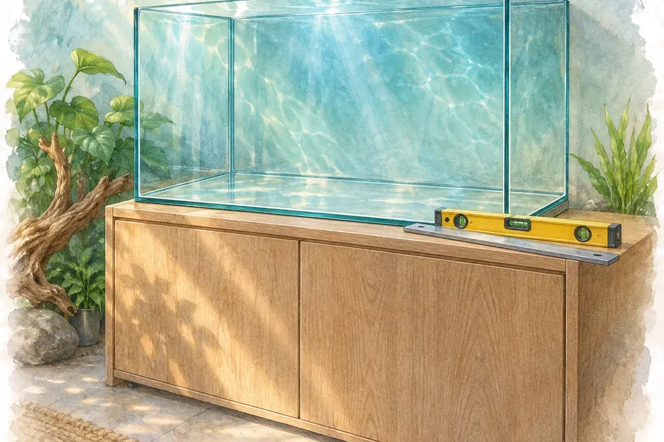 Illustration aquarelle : Vérifier le support et mettre l’aquarium de niveau.