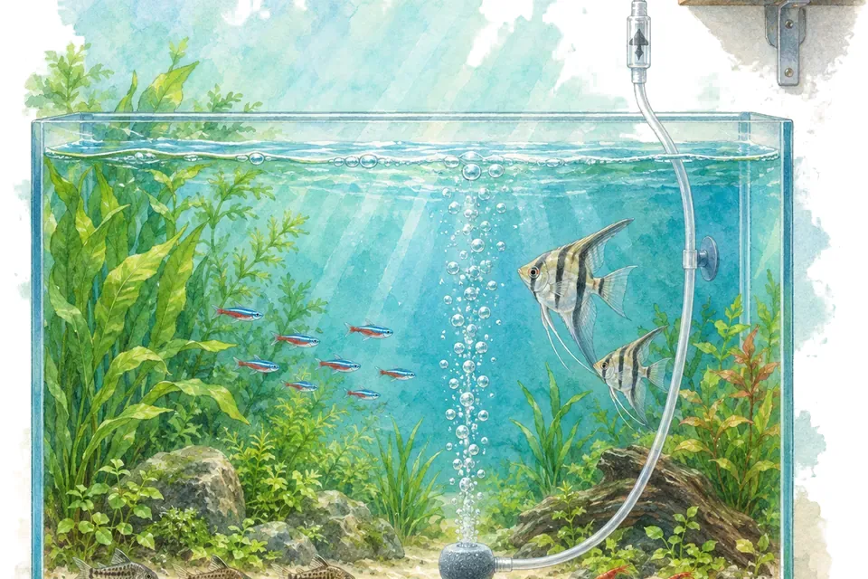 Illustration aquarelle : Installer une pompe à air et son clapet anti-retour.