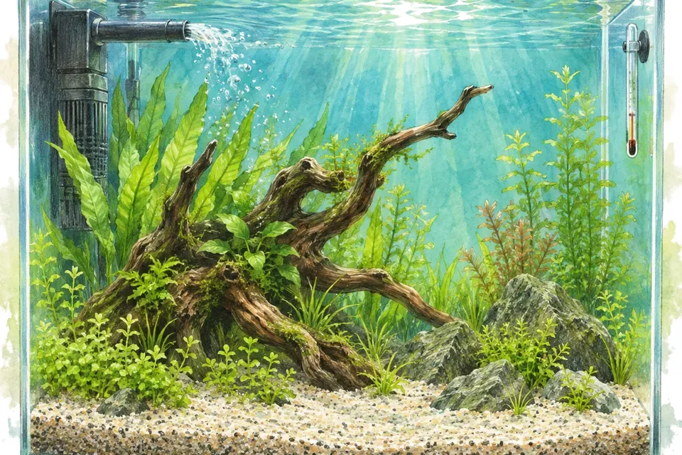 Illustration aquarelle : Installer son premier aquarium d’eau douce pas à pas.