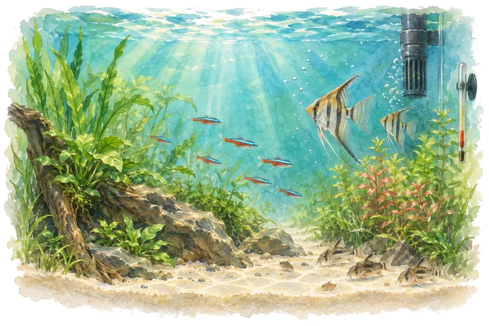 Illustration aquarelle : Construire une routine d’entretien adaptée à son aquarium.