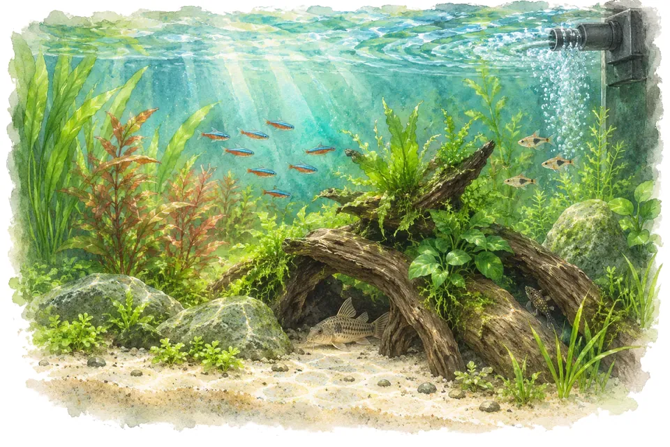 Illustration aquarelle : Orienter le rejet du filtre pour adapter le courant.