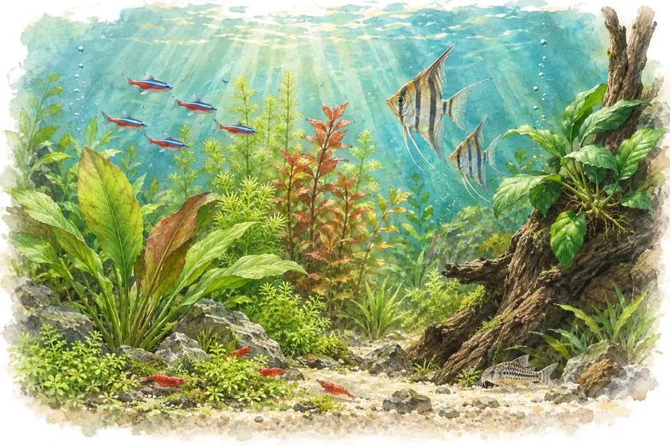 Illustration aquarelle : Planter un aquarium sans abîmer les végétaux.