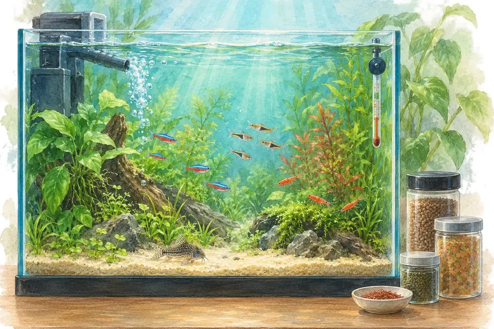 Illustration aquarelle : Préparer l’aquarium avant les vacances.