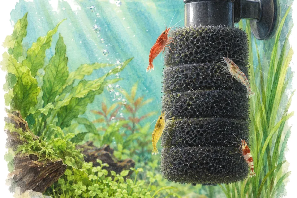 Illustration aquarelle : Protéger l’aspiration du filtre pour les petits habitants.