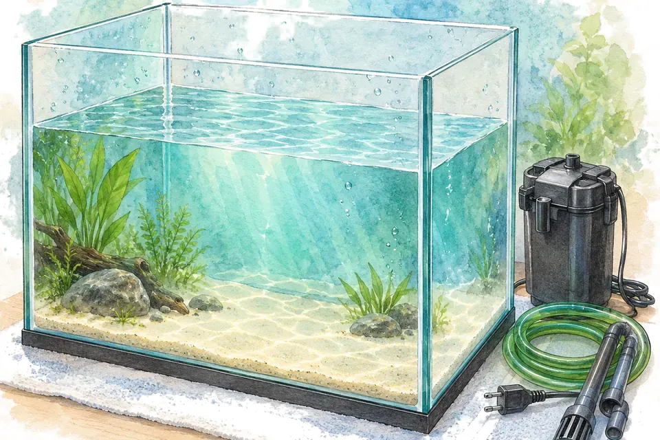 Illustration aquarelle : Remettre en service un aquarium resté vide.
