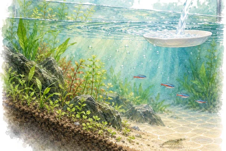 Illustration aquarelle : Remplir l’aquarium sans déplacer le sol.