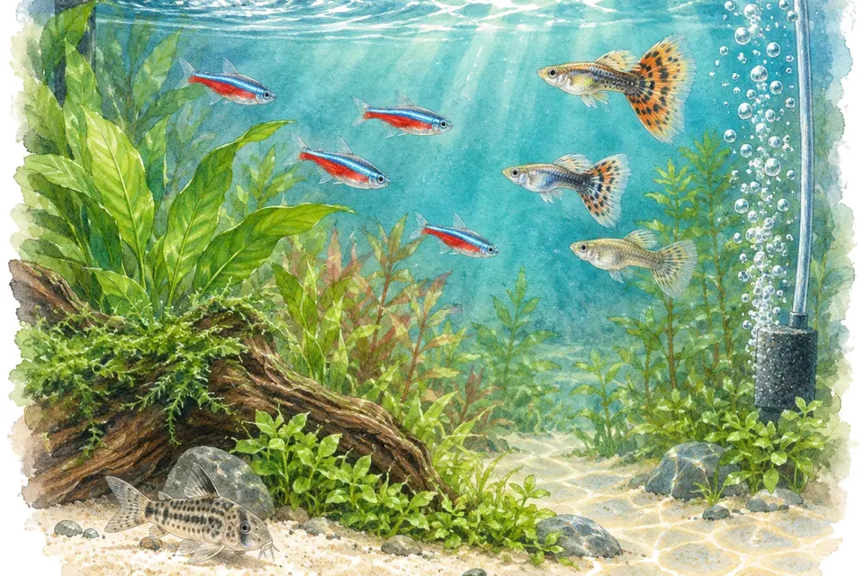 Illustration aquarelle : Vérifier l’aération quand les poissons restent en surface.