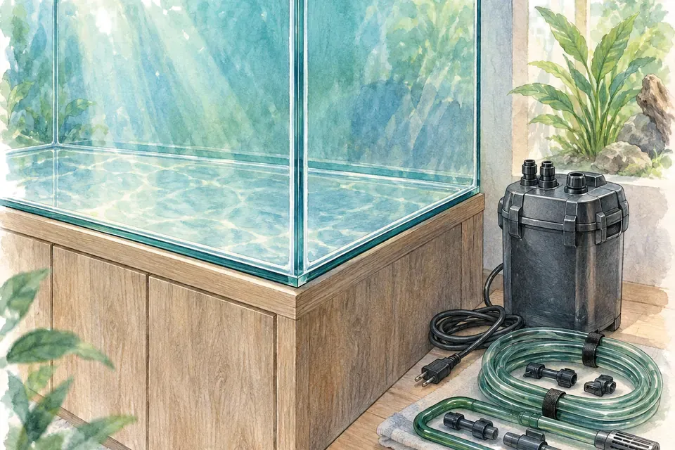 Illustration aquarelle : Contrôler un aquarium d’occasion avant son installation.