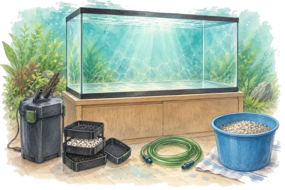 Illustration aquarelle : Vider et démonter un aquarium pour l’arrêter.