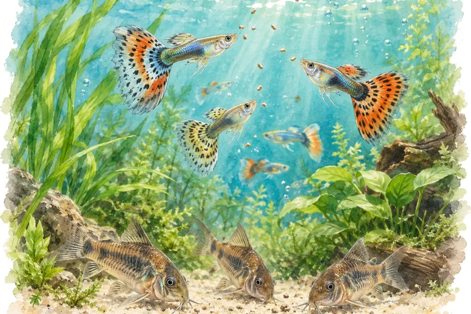 Illustration aquarelle : Combien de fois faut-il nourrir les poissons ?