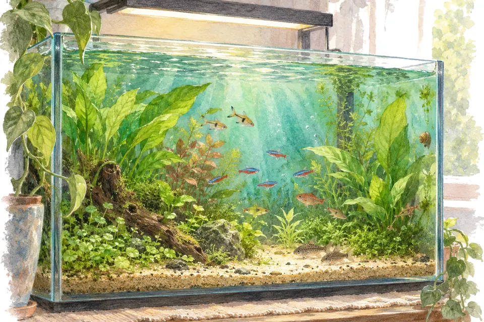 Illustration aquarelle : Combien de temps faut-il éclairer un aquarium ?
