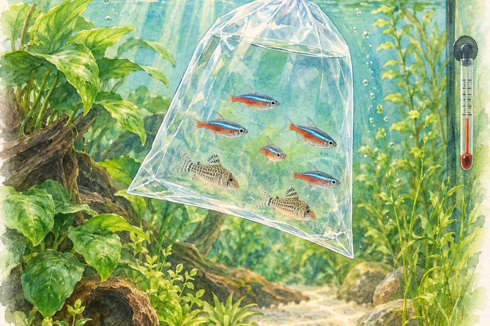Illustration aquarelle : Comment acclimater de nouveaux poissons ?