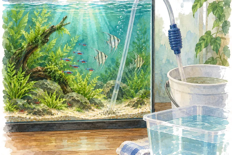 Illustration aquarelle : Comment changer l’eau d’un aquarium ?