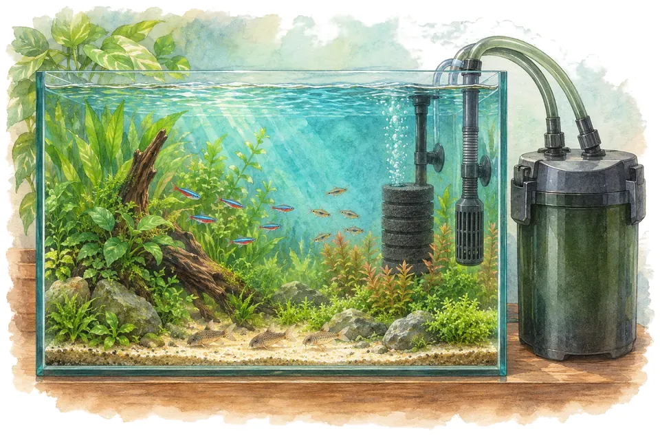 Illustration aquarelle : Comment choisir le filtre de son aquarium ?