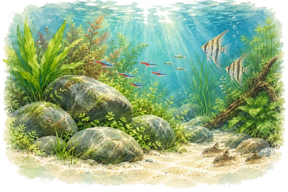 Illustration aquarelle : Comment choisir des pierres pour un aquarium ?