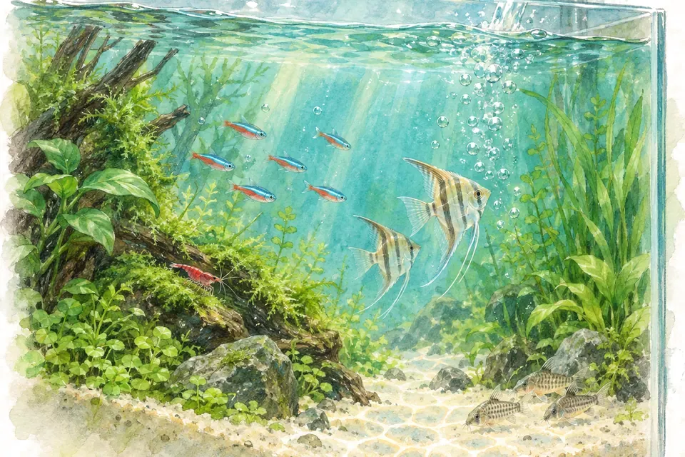 Illustration aquarelle : Comment compenser l’évaporation de l’eau de l’aquarium ?