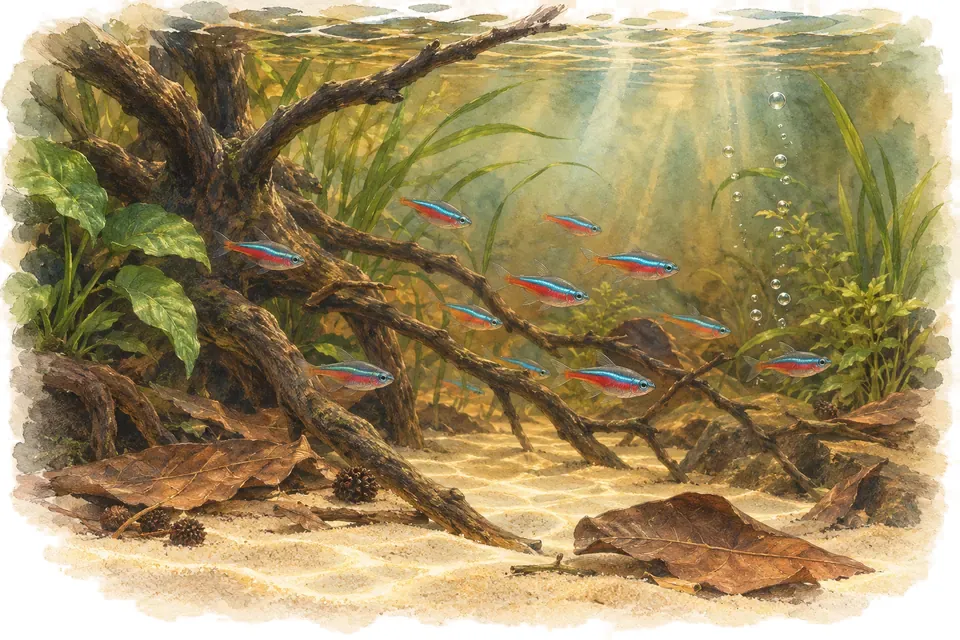 Illustration aquarelle : Comment créer un aquarium inspiré d’un biotope naturel ?