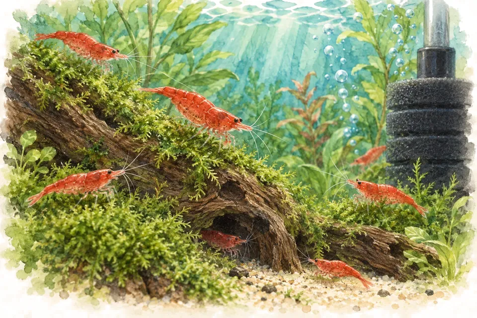 Illustration aquarelle : Comment préparer un aquarium pour des crevettes ?
