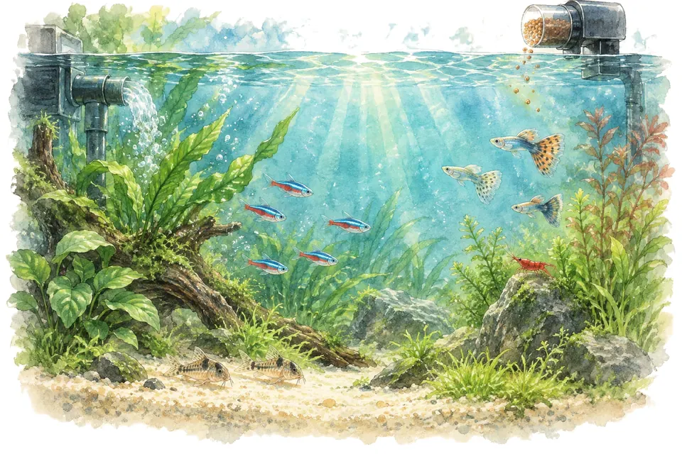 Illustration aquarelle : Comment s’occuper de son aquarium pendant les vacances ?