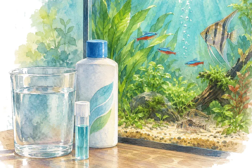 Illustration aquarelle : Comment gérer le chlore de l’eau du robinet pour un aquarium ?