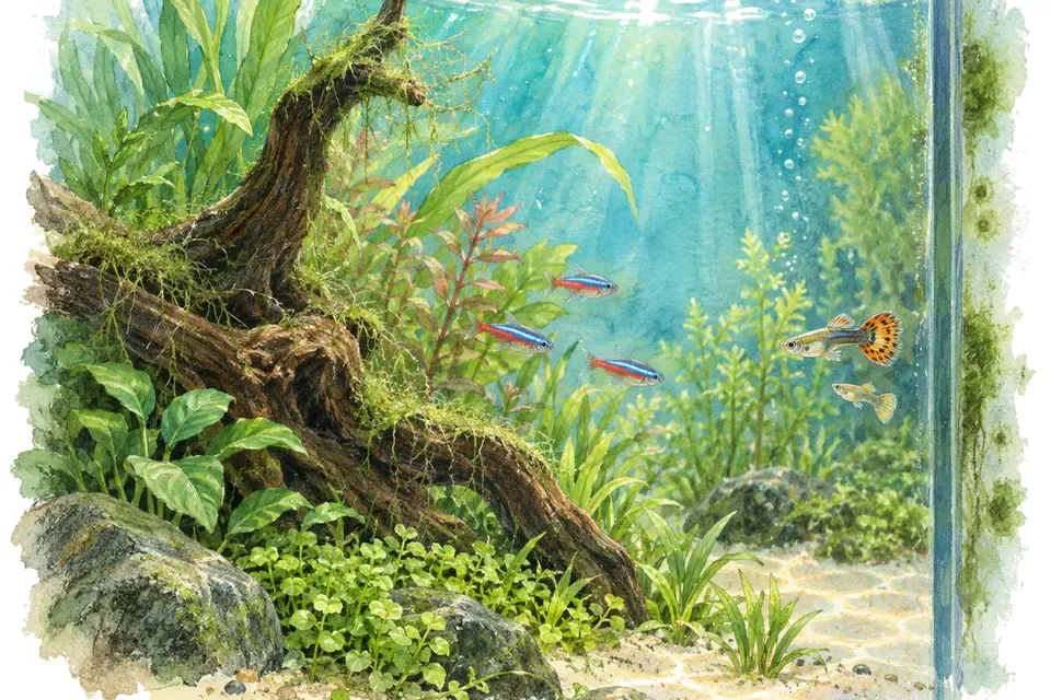 Illustration aquarelle : Comment limiter les algues dans un aquarium ?