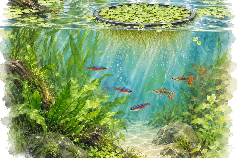 Illustration aquarelle : Comment éviter que les lentilles d’eau couvrent toute la surface ?