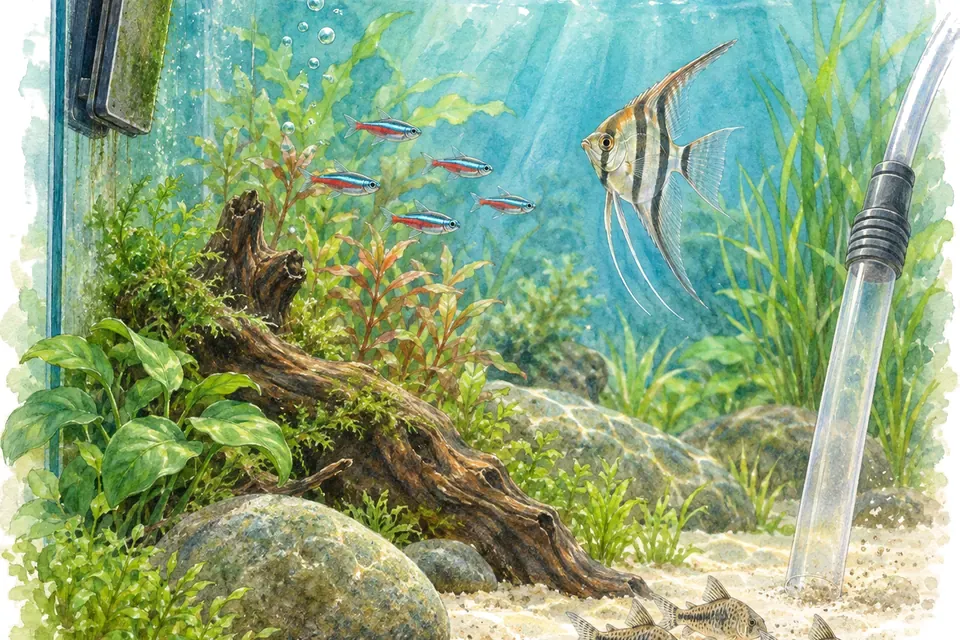 Illustration aquarelle : Comment nettoyer un aquarium sans tout vider ?