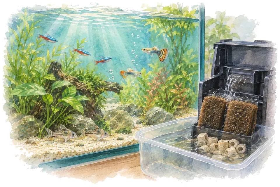 Illustration aquarelle : Comment nettoyer le filtre sans perturber l’aquarium ?
