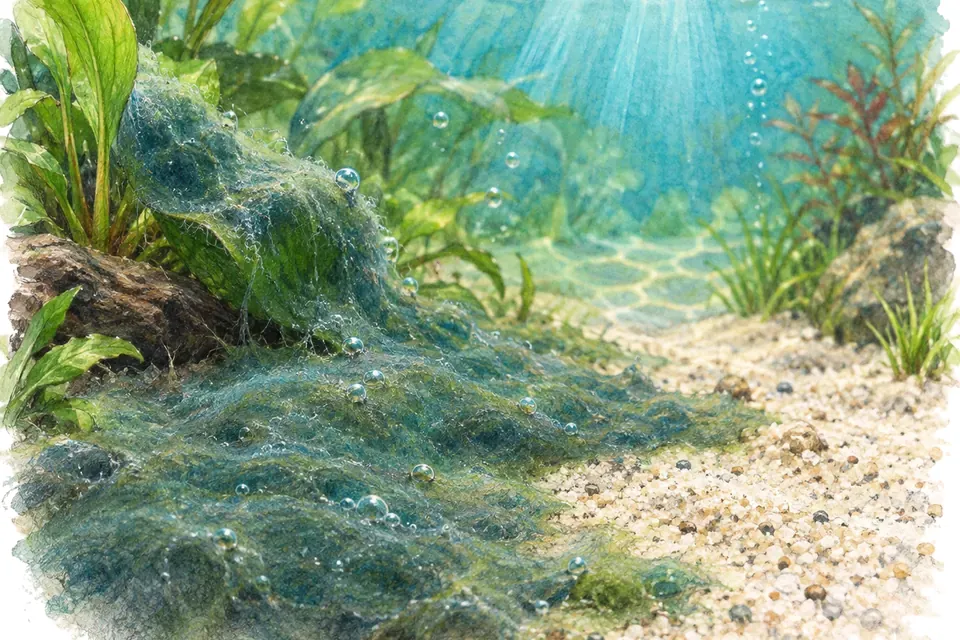 Illustration aquarelle : Comment reconnaître des cyanobactéries dans un aquarium ?