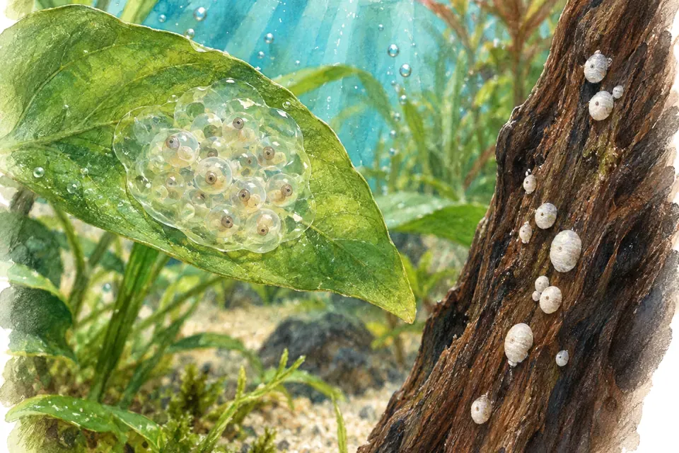 Illustration aquarelle : Comment reconnaître les œufs d’escargots dans un aquarium ?