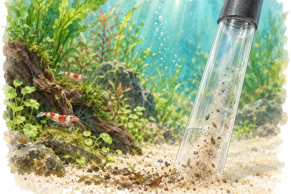 Illustration aquarelle : Comment siphonner le fond sans aspirer le sable ni les animaux ?