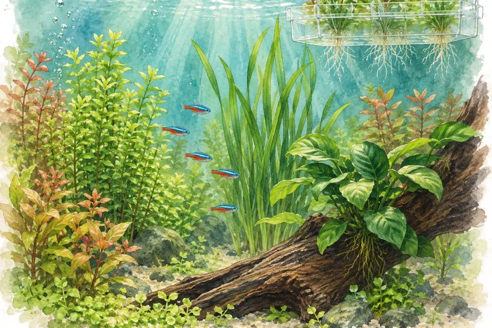 Illustration aquarelle : Comment tailler les plantes d’un aquarium ?