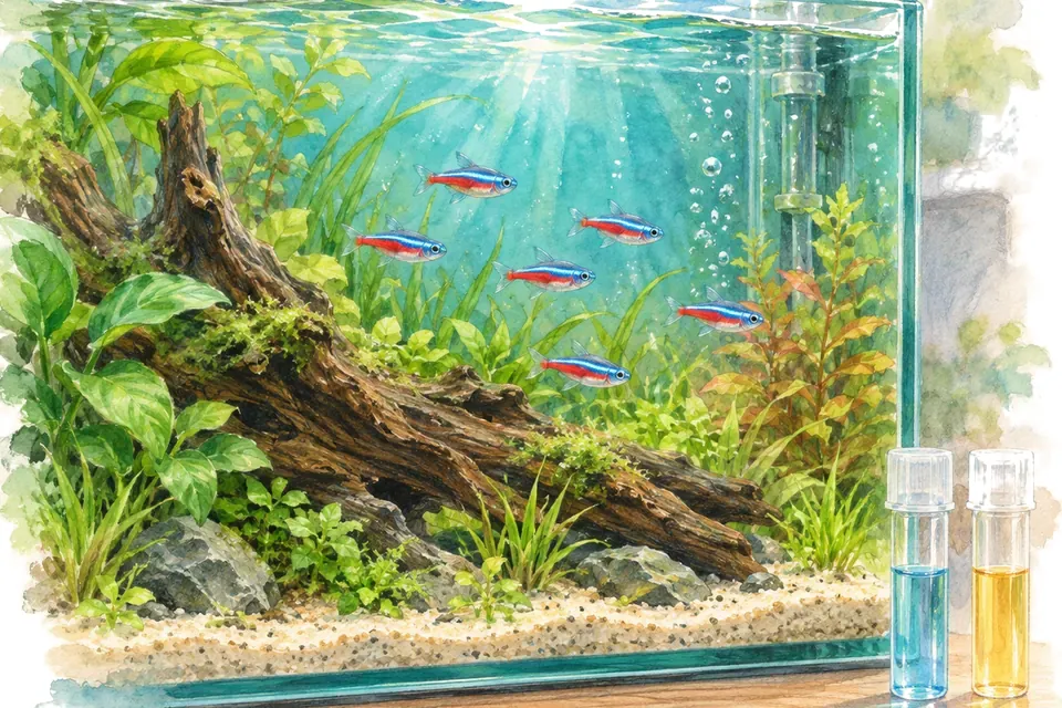 Illustration aquarelle : Quelle différence entre le GH et le KH dans un aquarium ?