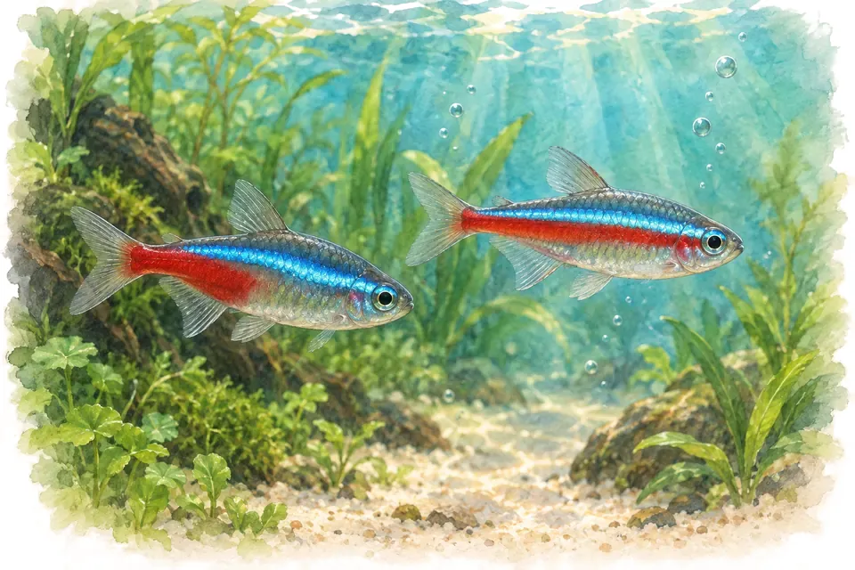 Illustration aquarelle : Quelle différence entre un néon bleu et un cardinalis ?