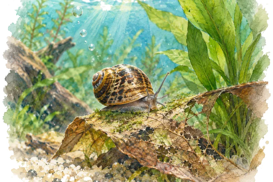 Illustration aquarelle : Les escargots mangent-ils les plantes de l’aquarium ?
