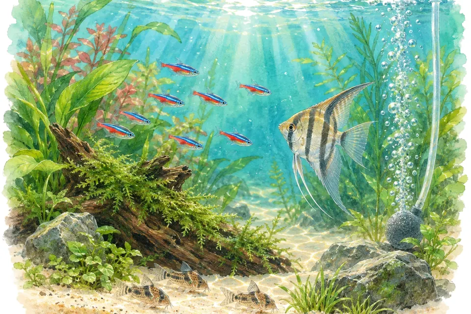 Illustration aquarelle : Faut-il un bulleur dans un aquarium ?