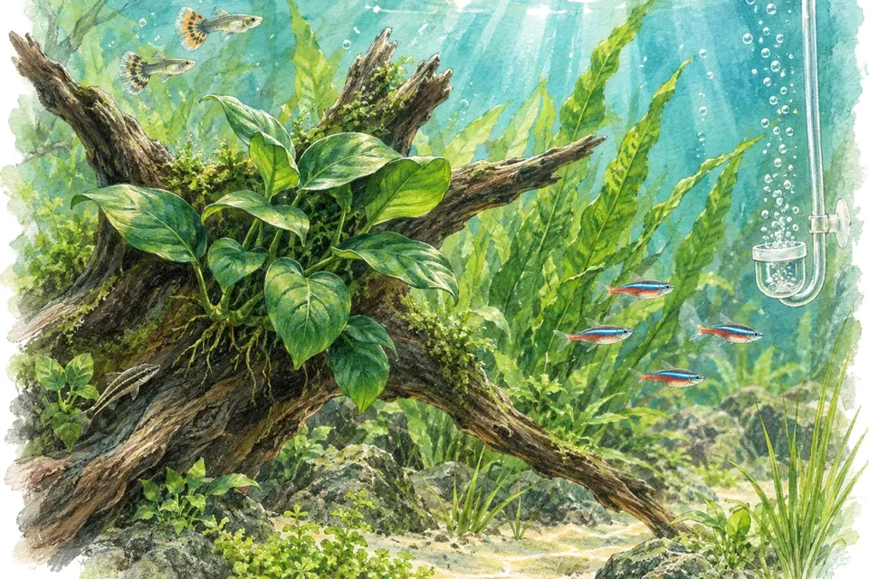 Illustration aquarelle : Faut-il injecter du CO₂ dans un aquarium planté ?