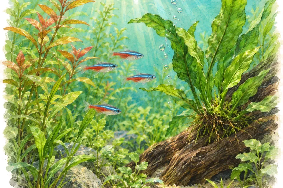 Illustration aquarelle : Faut-il ajouter de l’engrais aux plantes d’aquarium ?
